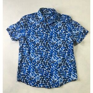 Perry Ellis Mens Large Blue White Floral Leaf Print Short Sleeve Button Up Shirt